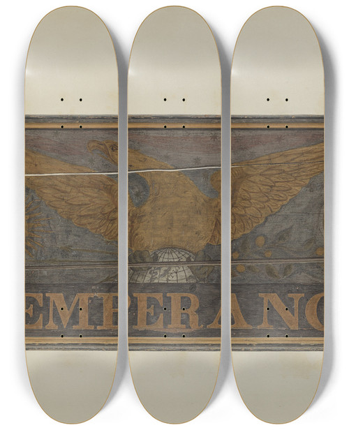 Triptych art skateboard deck of John Matulis Tavern Sign Temperance_1 by John Matulis