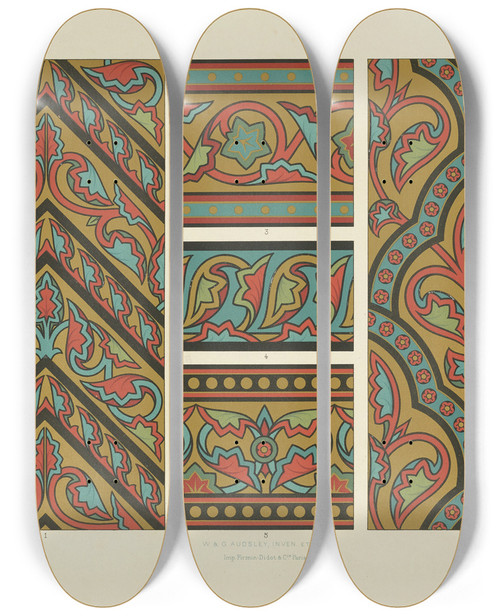 Triptych art skateboard deck of George Ashdown Audsley Polychromatic Decoration As Applied To Buildings In The Medival Styles Pl15 by George Ashdown Audsley (1838-1925)