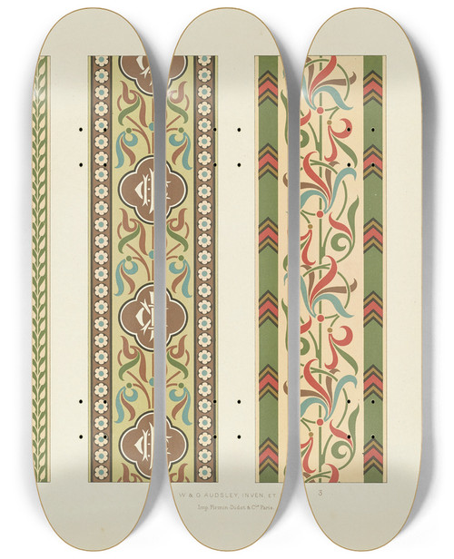 Triptych art skateboard deck of George Ashdown Audsley Polychromatic Decoration As Applied To Buildings In The Medival Styles Pl30 by George Ashdown Audsley (1838-1925)