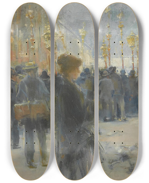 Triptych art skateboard deck of Arcadi Mas I Fondevila Farolillos En Paris Lantern Parade In Paris by Arcadi Mas I Fondevila (1852-1934)