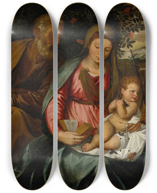 Triptych art skateboard deck of Circle Of Titian The Holy Family With Saint John The Baptist And A Donor by Circle of Titian (1506-1576)