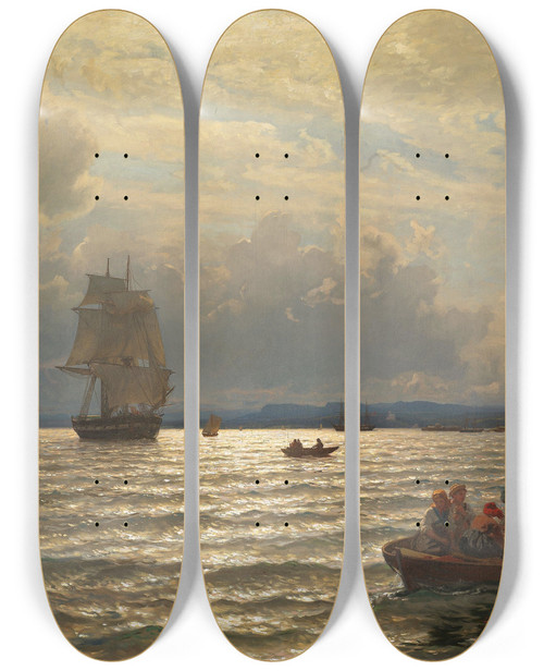 Triptych art skateboard deck of Hans Gude From The Inlet Of Oslo by Hans Gude (1825-1903)