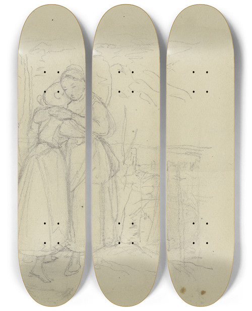 Triptych art skateboard deck of Jakob Becker Zwei Einander Umarmende Frauen In Einem Garten by Jakob Becker (1810-1872)