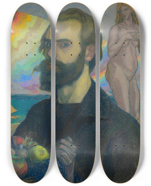 Triptych art skateboard deck of Jan Rembowski Autoportret Z Koszem Owocw Na Tle Morza by Jan Rembowski (1879-1923)