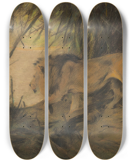 Triptych art skateboard deck of Wilhelm Kuhnert Lwe Zum Flusse Ziehend by Wilhelm Kuhnert (1865-1926)