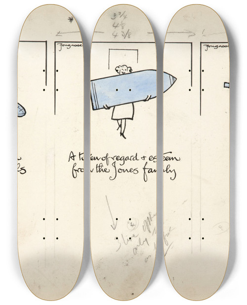 Triptych art skateboard deck of Cyril Kenneth Bird Fougasse  Three Cartoon Figures Of Women Carrying An Aeroplane A Shell And A Machine Gun by Cyril Kenneth Bird (Fougasse) (1887-1965)