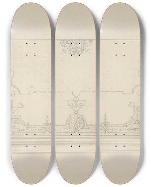 Triptych art skateboard deck of Julesedmondcharles Lachaise Design For The Decoration Of A Wiling With Strapwork And Rinceaux by Jules-Edmond-Charles Lachaise (1897)