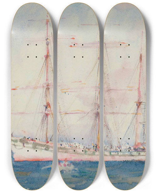 Triptych art skateboard deck of Henry Scott Tuke French Windjammer At Anchor Signed And Indistinctly by Henry Scott Tuke (1858-1929)