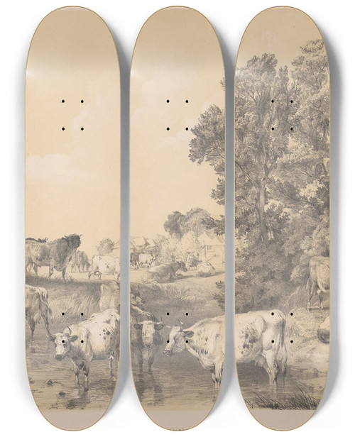 Triptych art skateboard deck of Thomas Sidney Cooper Landscape With Cows by Thomas Sidney Cooper (1803-1902)