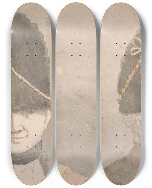Triptych art skateboard deck of George Dance Soldiers Head Front And Back by George Dance (1741-1825)
