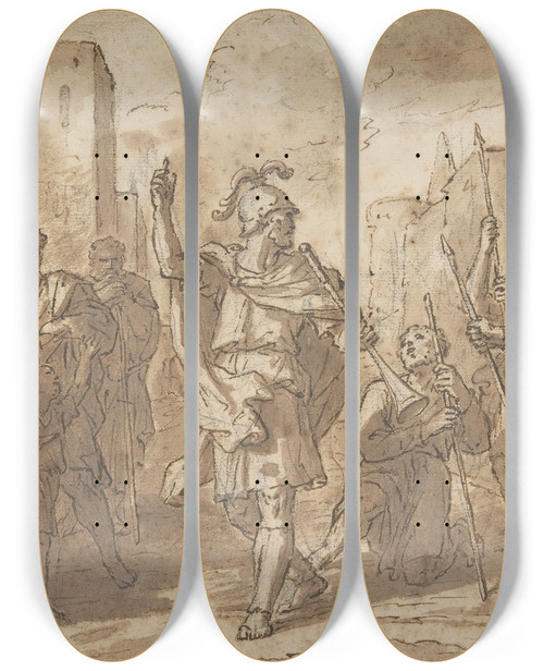 Triptych art skateboard deck of Etienne Parrocel Gideon Gathering His Army Scene From The Book Of Judges by Etienne Parrocel (1696-1776)