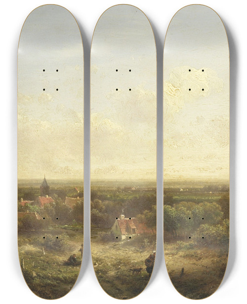 Triptych art skateboard deck of Pieter Lodewijk Francisco Kluyver Distant View With A Village by Pieter Lodewijk Francisco Kluyver (1816-1900)