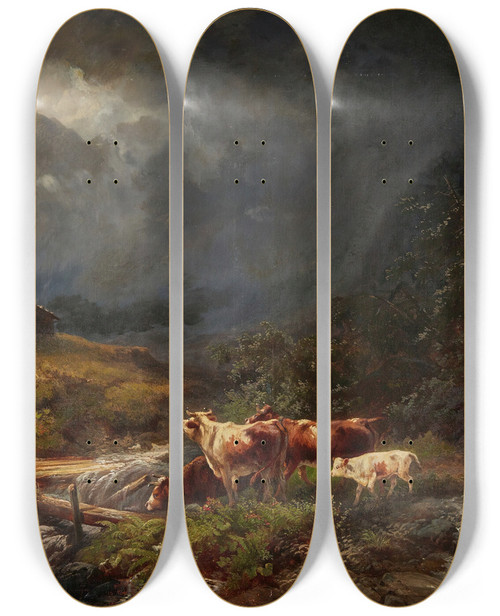 Triptych art skateboard deck of Otto Sommer Cows In A Mountainous Landscape_2 by Otto Sommer (1811-1911)