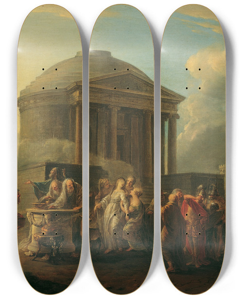 Triptych art skateboard deck of Vinzenz Fischer The Sacrifice Of Iphigenia by Vinzenz Fischer (1729-1810)
