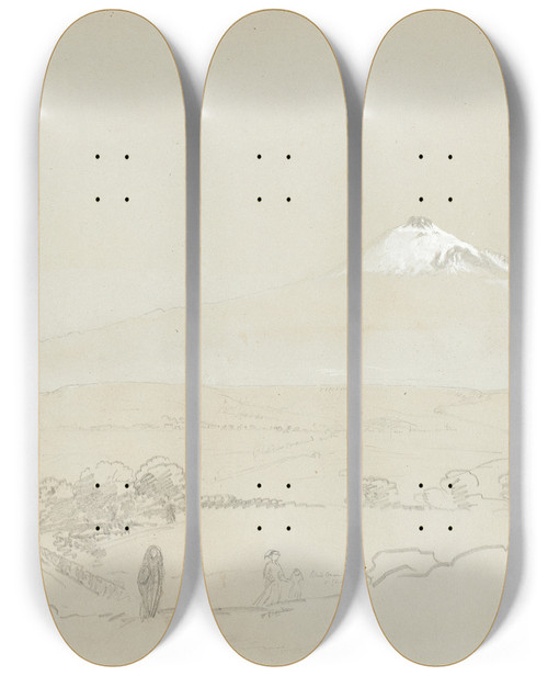 Triptych art skateboard deck of Thomas Cole Distant View Of Mount Etna by Thomas Cole (1801-1848)