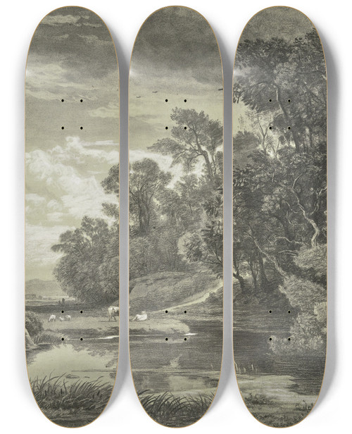 Triptych art skateboard deck of Johann Wilhelm Schirmer At The Arly Near Karlsruhe by Johann Wilhelm Schirmer (1807-1863)