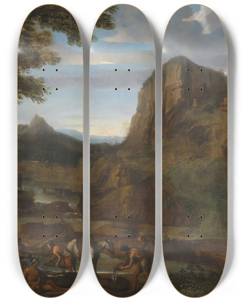 Triptych art skateboard deck of Giovanni Francesco Grimaldi A Rocky River Landscape With Fishermen by Giovanni Francesco Grimaldi (1606-1680)