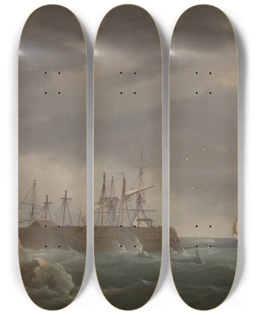 Triptych art skateboard deck of Thomas Whitcombe A Ship Running Into Harbour With Other Craft At A Jetty by Thomas Whitcombe (1763-1824)