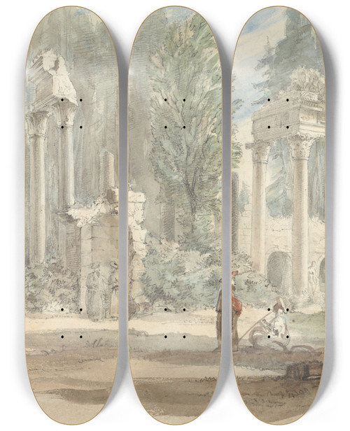 Triptych art skateboard deck of Sir George Hayter The Ruins From Leptis Magna As They Appeared In The Royal Park At Virginia Water by Sir George Hayter (1792-1871)