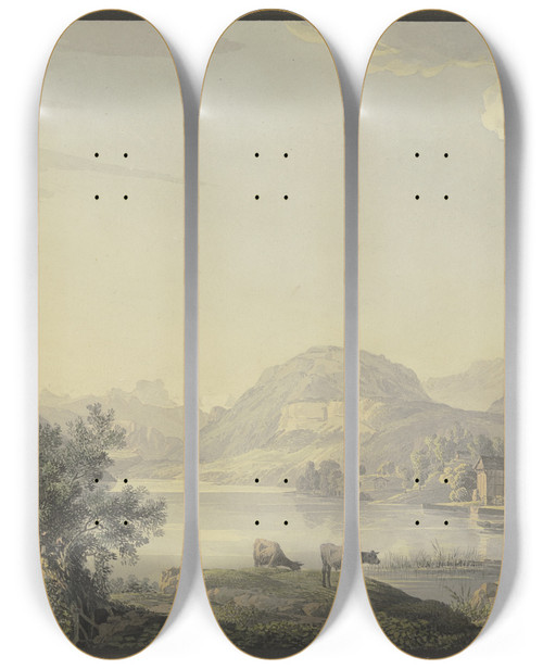 Triptych art skateboard deck of Carl Philipp Schallhas See Im Gebirge Im Vordergrund Bei Einem Weidenbaum Zwei Khe by Carl Philipp Schallhas (1767-1797)