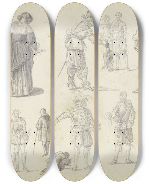 Triptych art skateboard deck of Johann Ludwig Ernst Morgenstern 16 Figure Studies by Johann Ludwig Ernst Morgenstern (1738-1819)