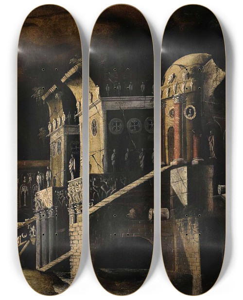 Triptych art skateboard deck of Franois De Nom View Of An Imaginary Palace by Franois de Nom (1593-1644)