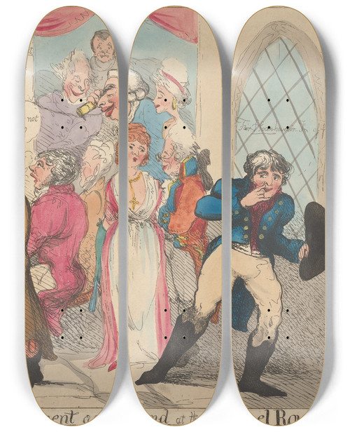 Triptych art skateboard deck of John Cawse Old Hat Or A Serious Divertisment As Performed At The Chappel Royal by John Cawse