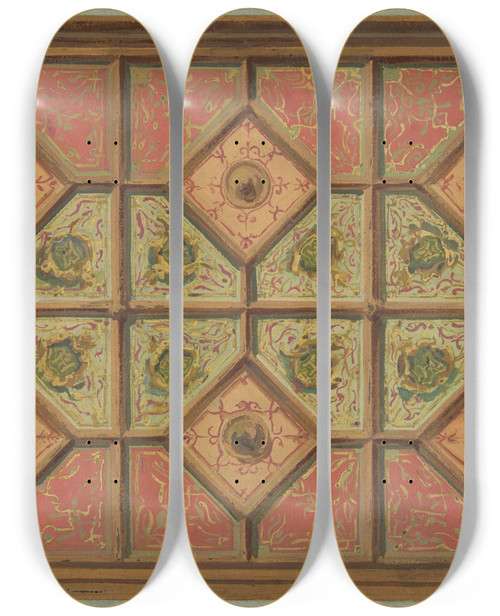 Triptych art skateboard deck of Julesedmondcharles Lachaise Design For The Painted Decoration Of A Coffered Ceiling Incorporating The Initial H by Jules-Edmond-Charles Lachaise (1897)