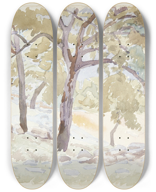Triptych art skateboard deck of Peter Hansen Udkanten Af En Skov by Peter Hansen (1868-1928)