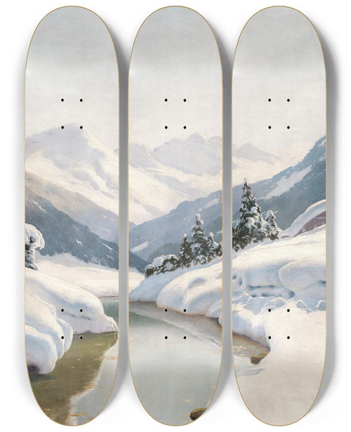 Triptych art skateboard deck of Toni Haller A View Of Arlberg by Toni Haller (1907-1944)