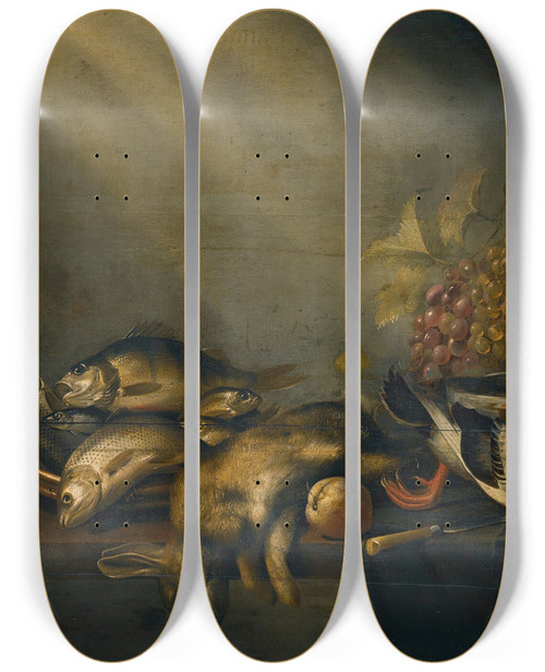 Triptych art skateboard deck of Harmen Steenwyck Still Life With A Dead Hare And Duck Fish Vegetables And An Earthenware Flagon On A Draped Table by Harmen Steenwyck (1612-1656)