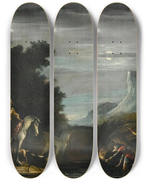 Triptych art skateboard deck of Emilian School Amoonlit Scene With Travellers Crossing A Stream by Emilian School