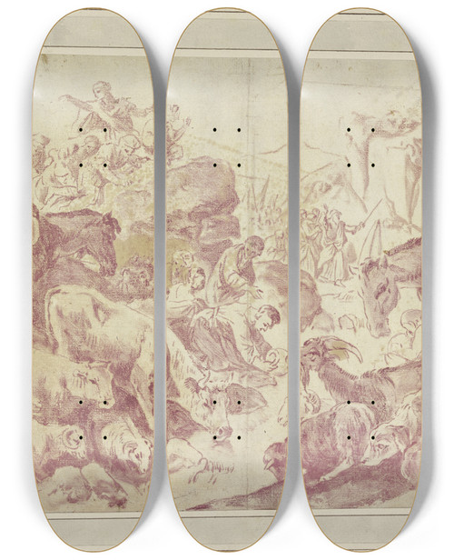 Triptych art skateboard deck of Giovanni Benedetto Castiglione Mosess Spring Water Miracle by Giovanni Benedetto Castiglione (1609-1664)