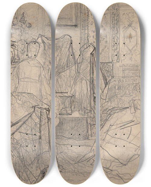 Triptych art skateboard deck of Henri De Braekeleer The Indian Scarf_1 by Henri de Braekeleer (1840-1888)