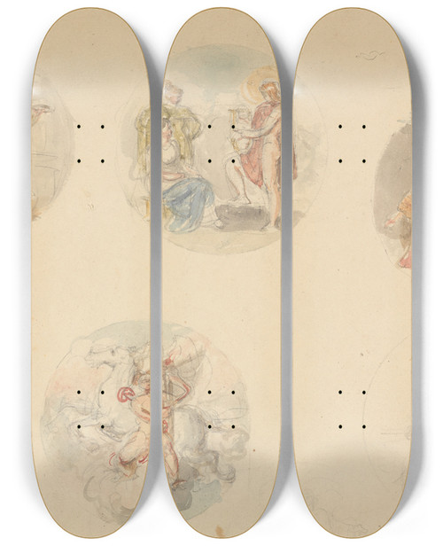 Triptych art skateboard deck of Robert Smirke Five Vignettes Of Scenes From Antiquity by Robert Smirke (1752-1845)