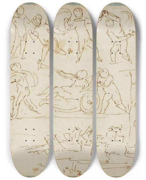 Triptych art skateboard deck of Agostino Carracci Frieze Of Putti Sketch Of Lot And His Daughters Sketch Of Buildings by Agostino Carracci (1557-1602)