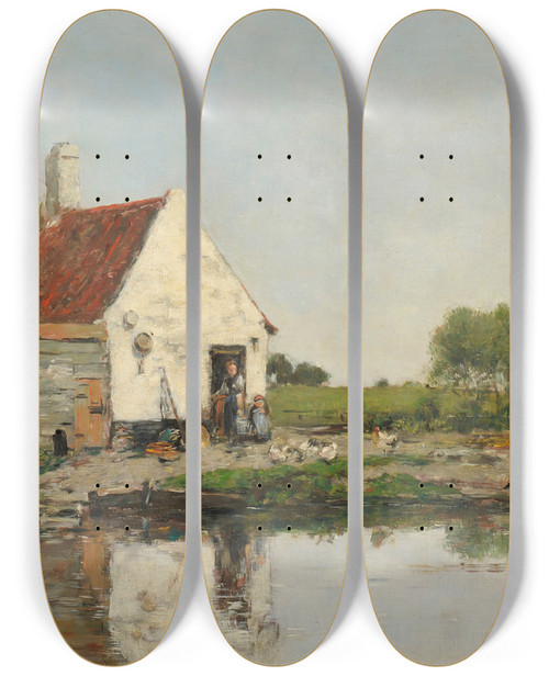 Triptych art skateboard deck of Eugne Boudin Un Coin De Ferme Aux Environs De Dunkerque by Eugene Boudin (1824-1898)