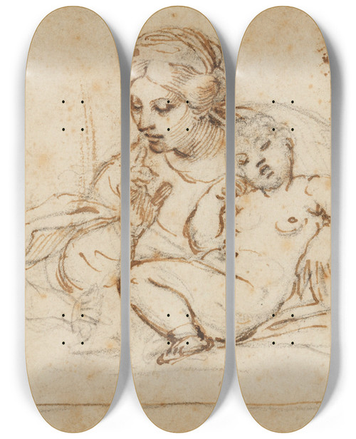 Triptych art skateboard deck of Annibale Carracci The Madonna And Sleeping Child With The Infant Baptist Il Silenzio by Annibale Carracci (1560-1609)