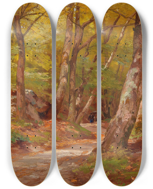 Triptych art skateboard deck of Hugo Darnaut The Path In The Wood by Hugo Darnaut (1850-1937)