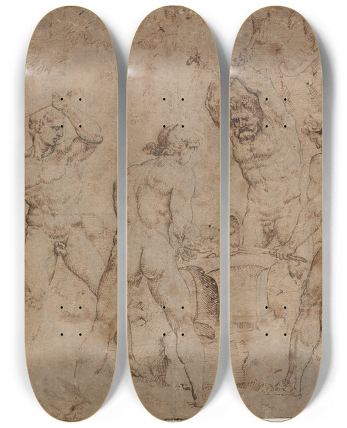 Triptych art skateboard deck of Maarten Van Heemskerck Vulkans Smedie by Maarten Van Heemskerck (1498-1574)
