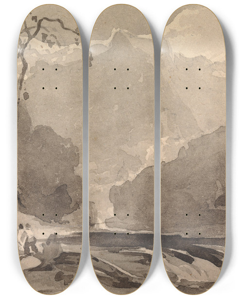 Triptych art skateboard deck of Thomas Sully Fishermen At A Mountain Stream by Thomas Sully (1783-1872)