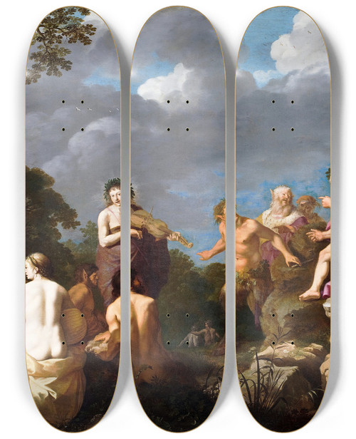 Triptych art skateboard deck of Cornelis Van Poelenburch The Musical Contest Between Apollo And Marsyas by Cornelis Van Poelenburch (1594-1667)