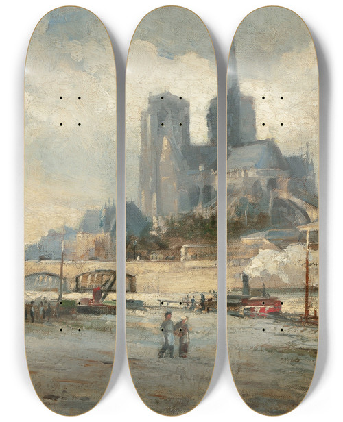 Triptych art skateboard deck of Edmund Aubrey Hunt Notre Dame De Paris by Edmund Aubrey Hunt (1855-1922)