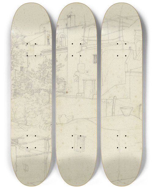 Triptych art skateboard deck of Nikolaus Hoff Ausblick Aus Einem Wirtshaus Auf Die Hinterhfe Von Amalfi by Nikolaus Hoff (1798-1873)