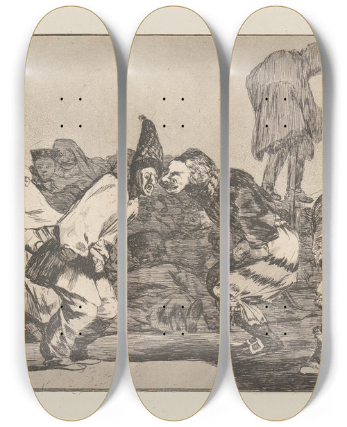 Triptych art skateboard deck of Francisco De Goya Rejoice Carnival For Tomorrow Thou Wilt Be Ashes Carnival Folly Alegrias Antruejo Que Maana Seras Ceniza Disparate De Carnabal by Francisco de Goya (1746-1828)