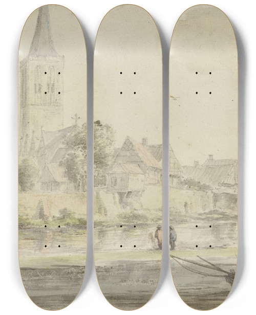 Triptych art skateboard deck of Jacob Van Ruisdael Stadt Am Wasser Mit Kirche Rechts Ein Turm Vorne Kahn Mit Zwei Personen by Jacob Van Ruisdael (1628-1682)
