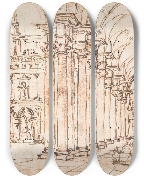 Triptych art skateboard deck of Francesco Guardi Architectural Capriccio Vaulted Colonnade Of A Palace by Francesco Guardi (1712-1793)