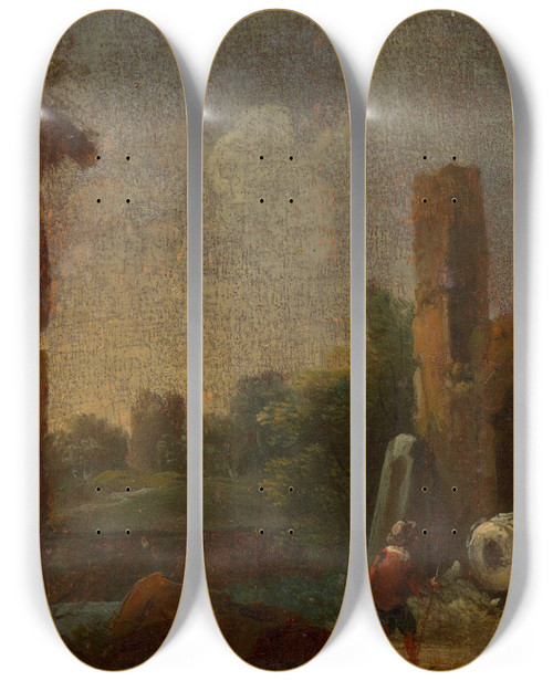 Triptych art skateboard deck of Franz Thomas Canton Phantastische Ruinenlandschaft Mit Denksule by Franz Thomas Canton (1671-1734)