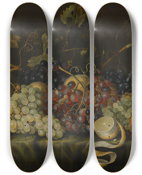 Triptych art skateboard deck of Jacob Marrel Still Life With Red Black And Green Grapes On The Vine Together With Oranges by Jacob Marrel (1613-1681)