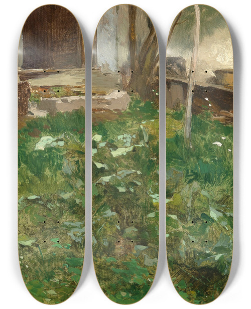 Triptych art skateboard deck of Ferdinand Brunner Study Of A Meadow In Spital Am Phyrn by Ferdinand Brunner (1870-1945)